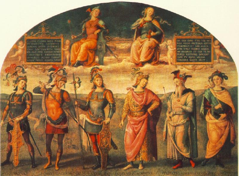 PERUGINO, Pietro Fortitude and Temperance with Six Antique Heroes oil painting picture